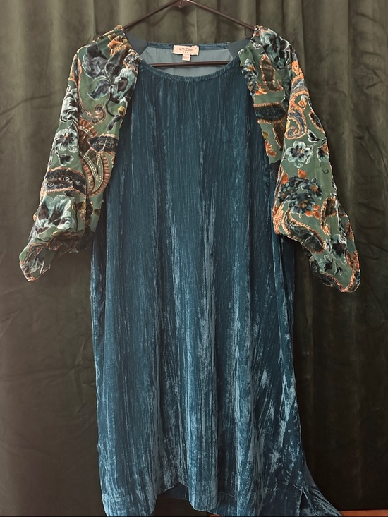 Umgee Dresses & Skirts - Umgee Teal Velvet Dress with Patterned Green Puff Sleeves
